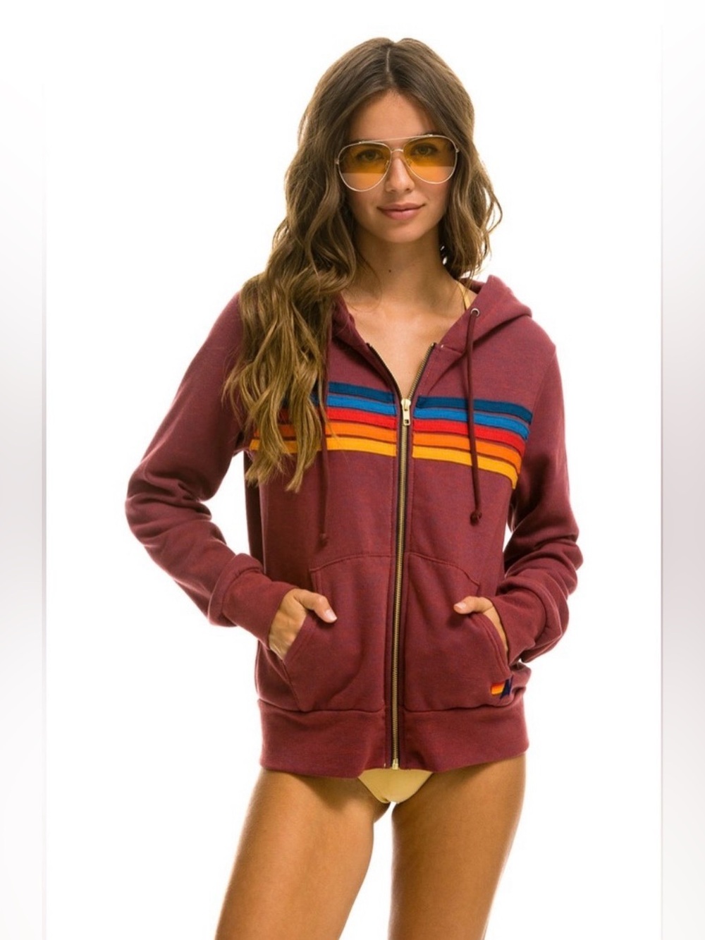 AVIATOR NATION M Stripe Zip Up Hoodie PLUM Medium RARE Collectible #099